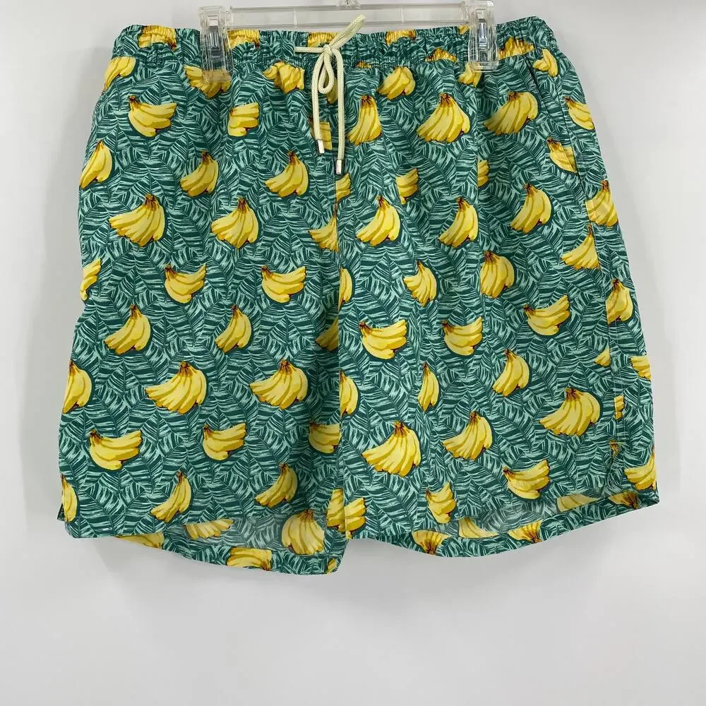Peter Millar Mens 2XL Green Banana Pattern Stretch Waist‎ Swim Trunks